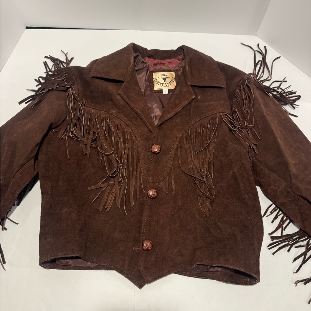 Bull Genuine Leather Fringe Jacket Western Suede Brown Womens Small Cowboy